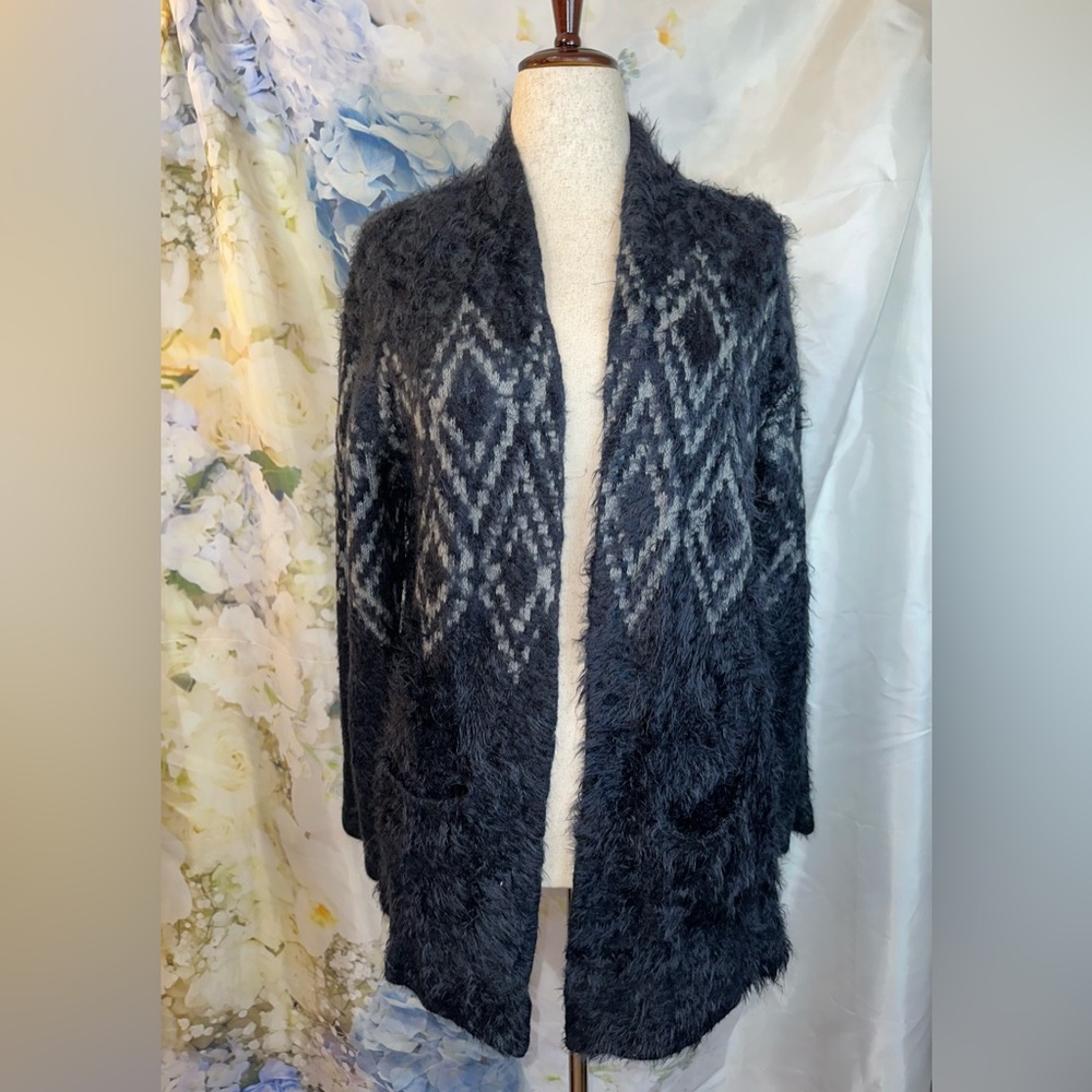 Eddie Bauer Navy and Gray western Diamond Patterned fuzzy soft Cardigan